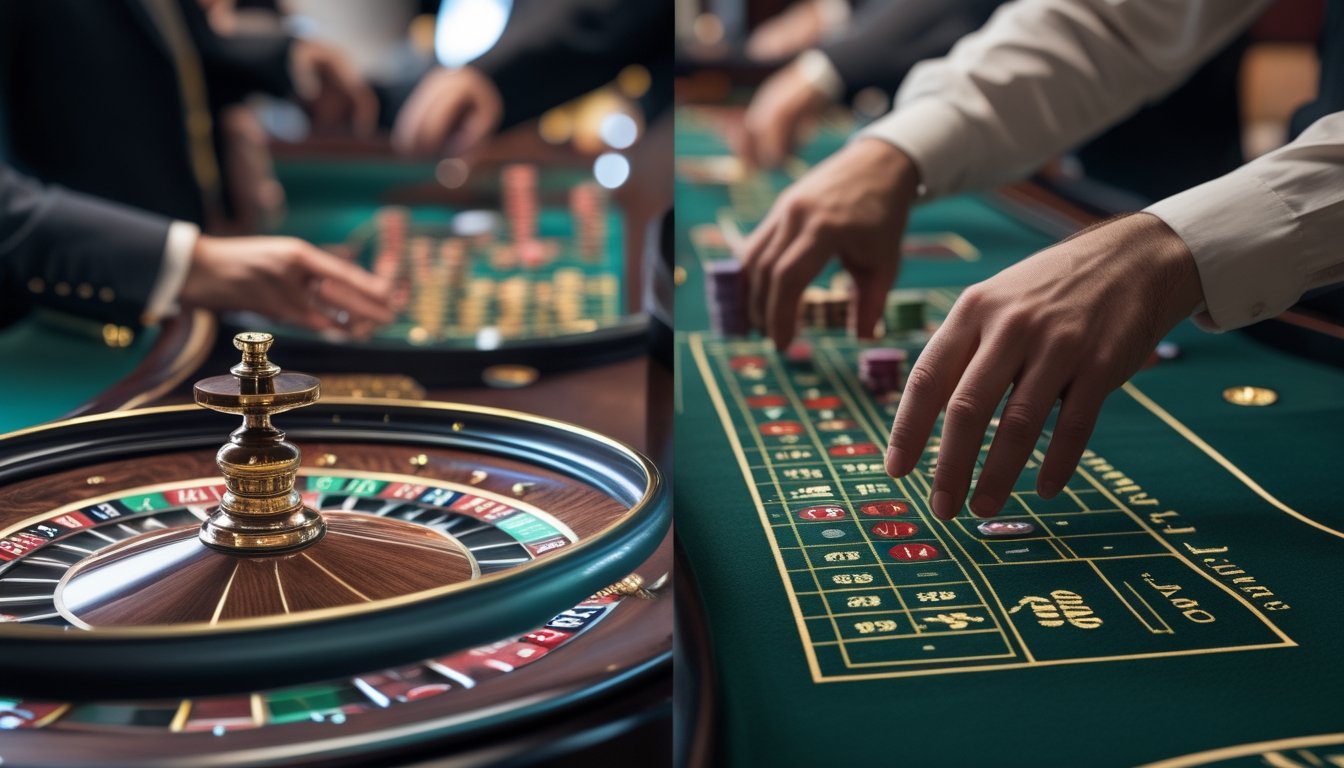 Meja roulette Eropa dan Prancis ditemani di kasino dengan pemain memasang chip pada roda roulette.