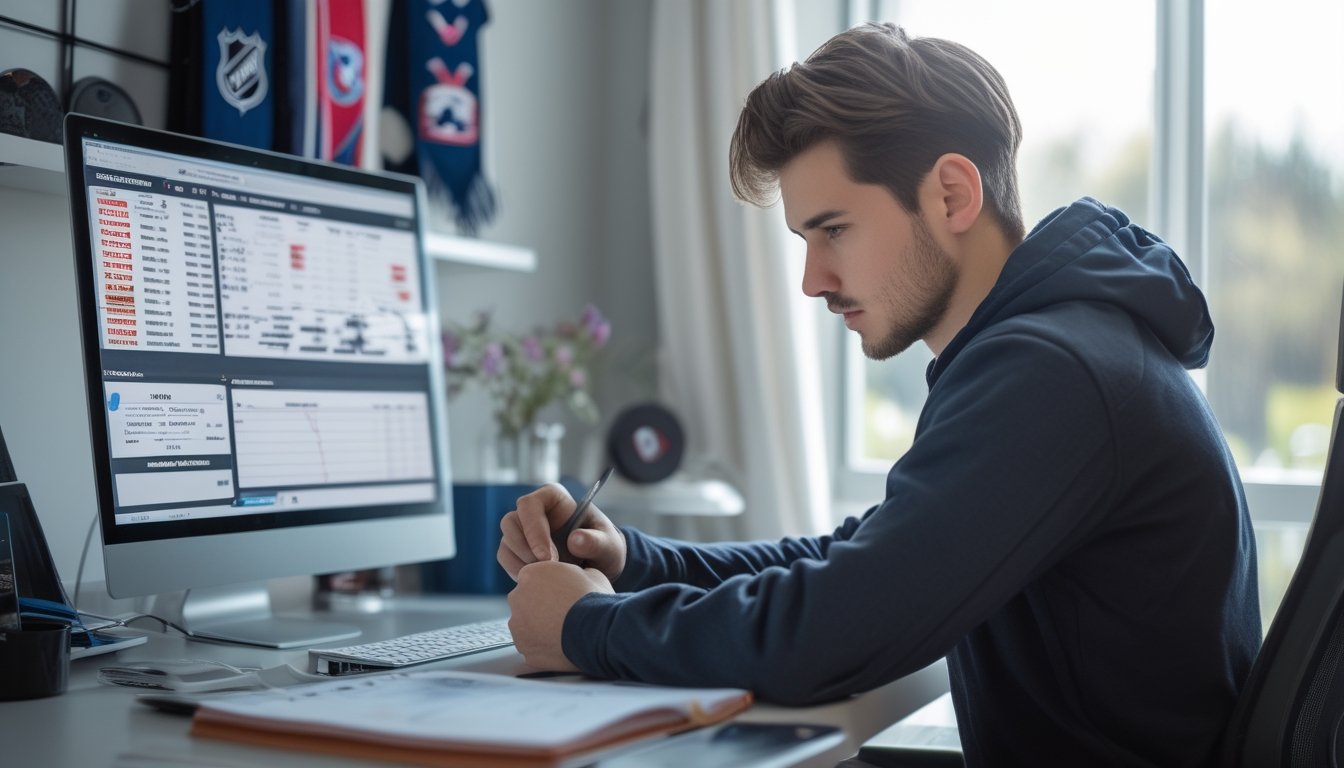 Seorang pria muda duduk di meja dengan laptop dan layar komputer, menganalisis data taruhan hoki es NHL di ruang kerja yang terang dan rapi.