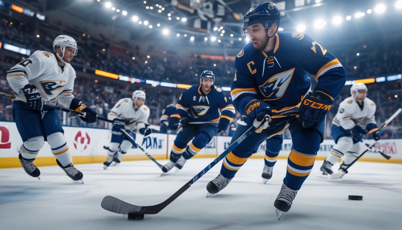 Pemain hoki NHL sedang bertanding intens di atas es dengan penonton di latar belakang.