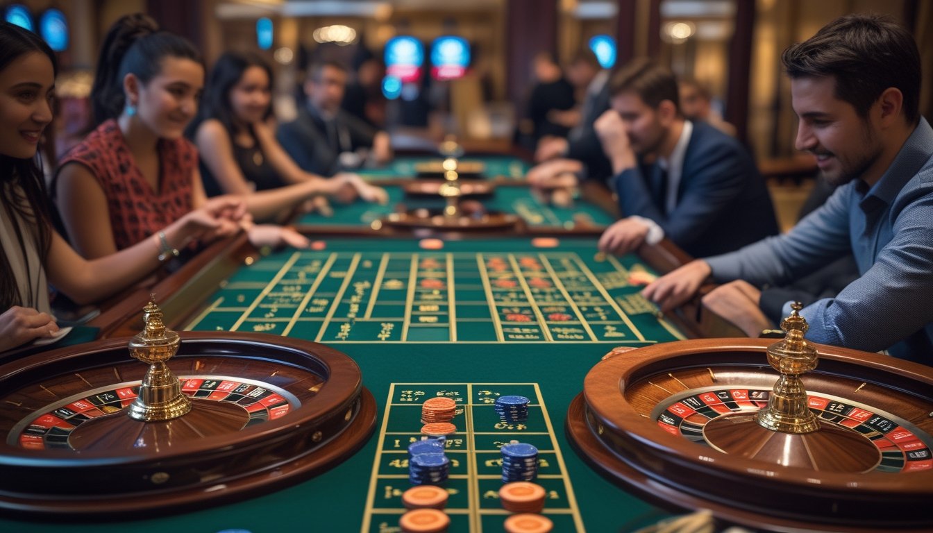 Beberapa pemain berkumpul di sekitar meja roulette Eropa dan Prancis di kasino yang mewah.