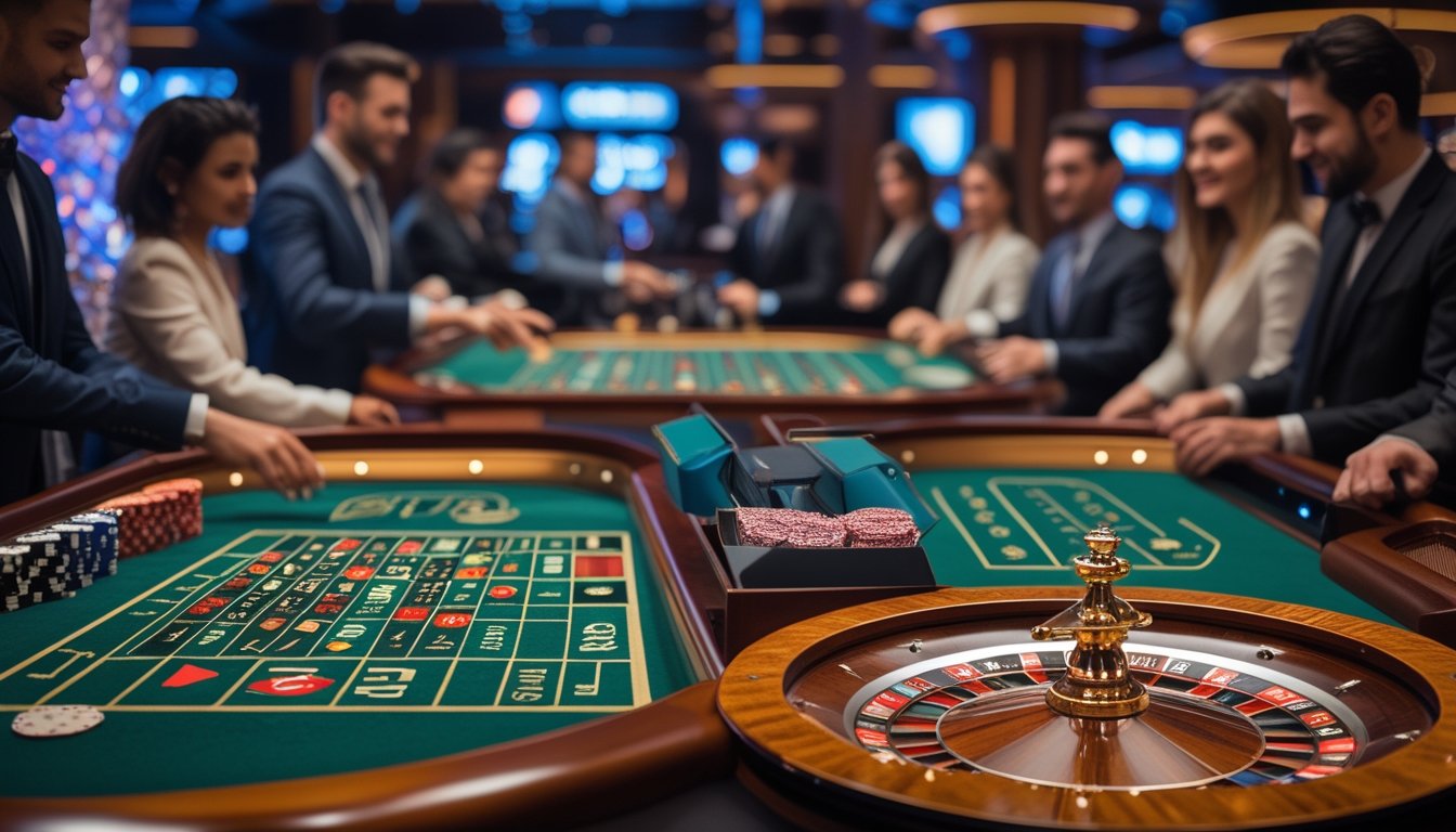 Meja roulette Eropa dan Prancis dipadukan di kasino dengan pemain yang fokus dan suasana mewah.