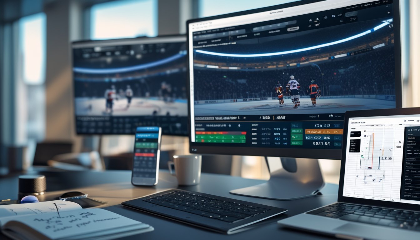Seorang analis olahraga sedang bekerja dengan komputer yang menampilkan pertandingan hoki NHL langsung dan data taruhan di meja kerja.
