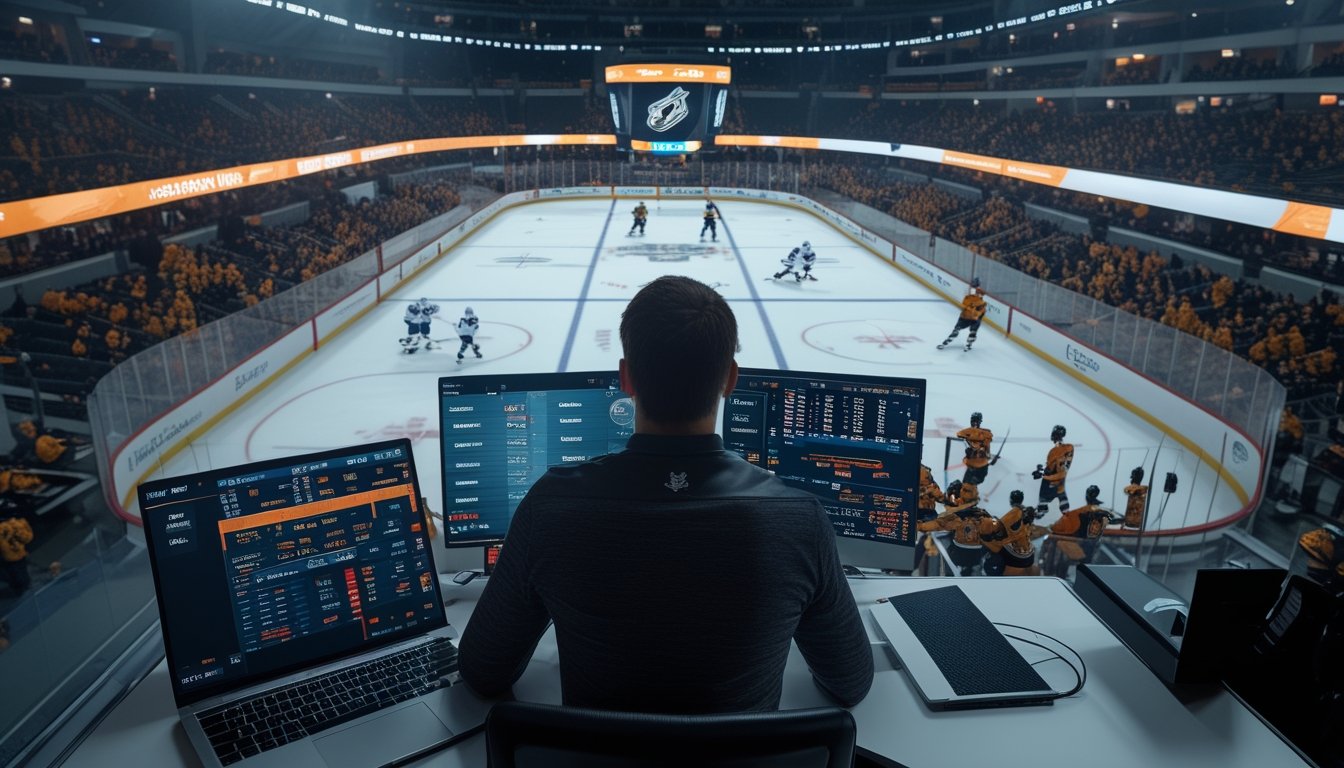 Seorang pria duduk di depan beberapa layar yang menampilkan statistik dan pertandingan hoki NHL secara langsung di arena yang penuh penonton.