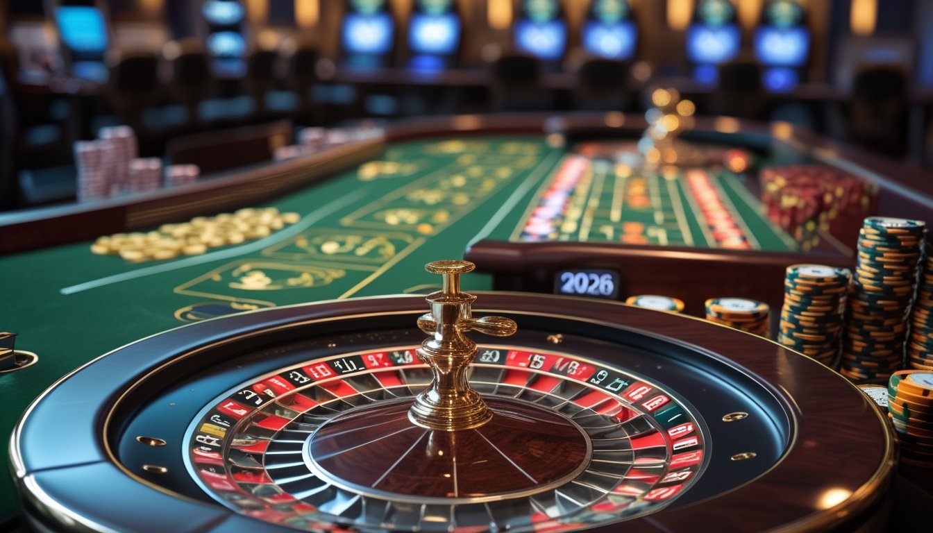 Meja roulette Eropa dan Prancis di kasino dengan roda roulette dan tumpukan chip taruhan.