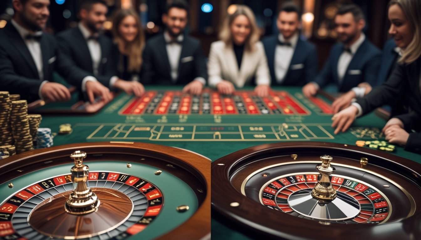 Meja roulette Eropa dan Prancis berdampingan di kasino dengan pemain dan dealer yang sedang bermain.