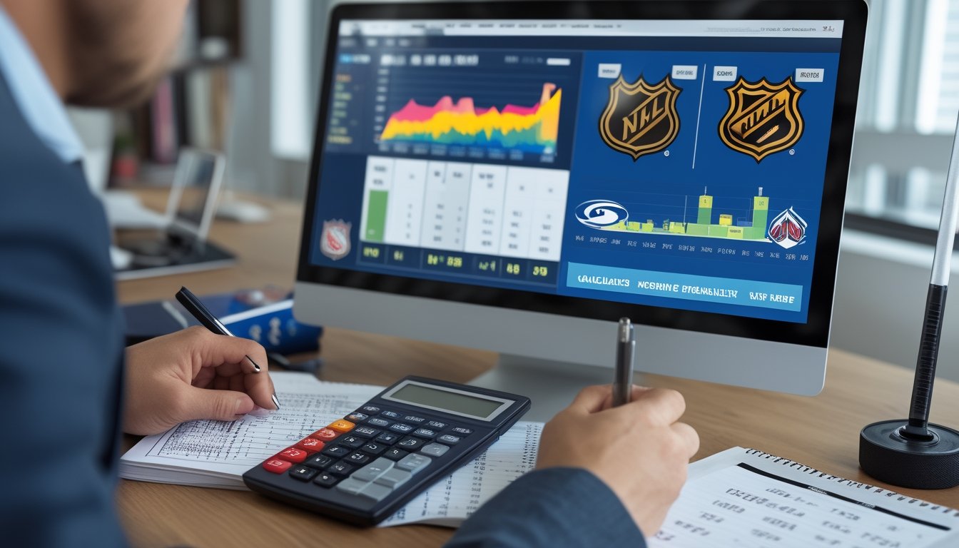Seseorang menghitung peluang kemenangan taruhan NHL dengan grafik statistik di layar komputer dan alat tulis di meja.