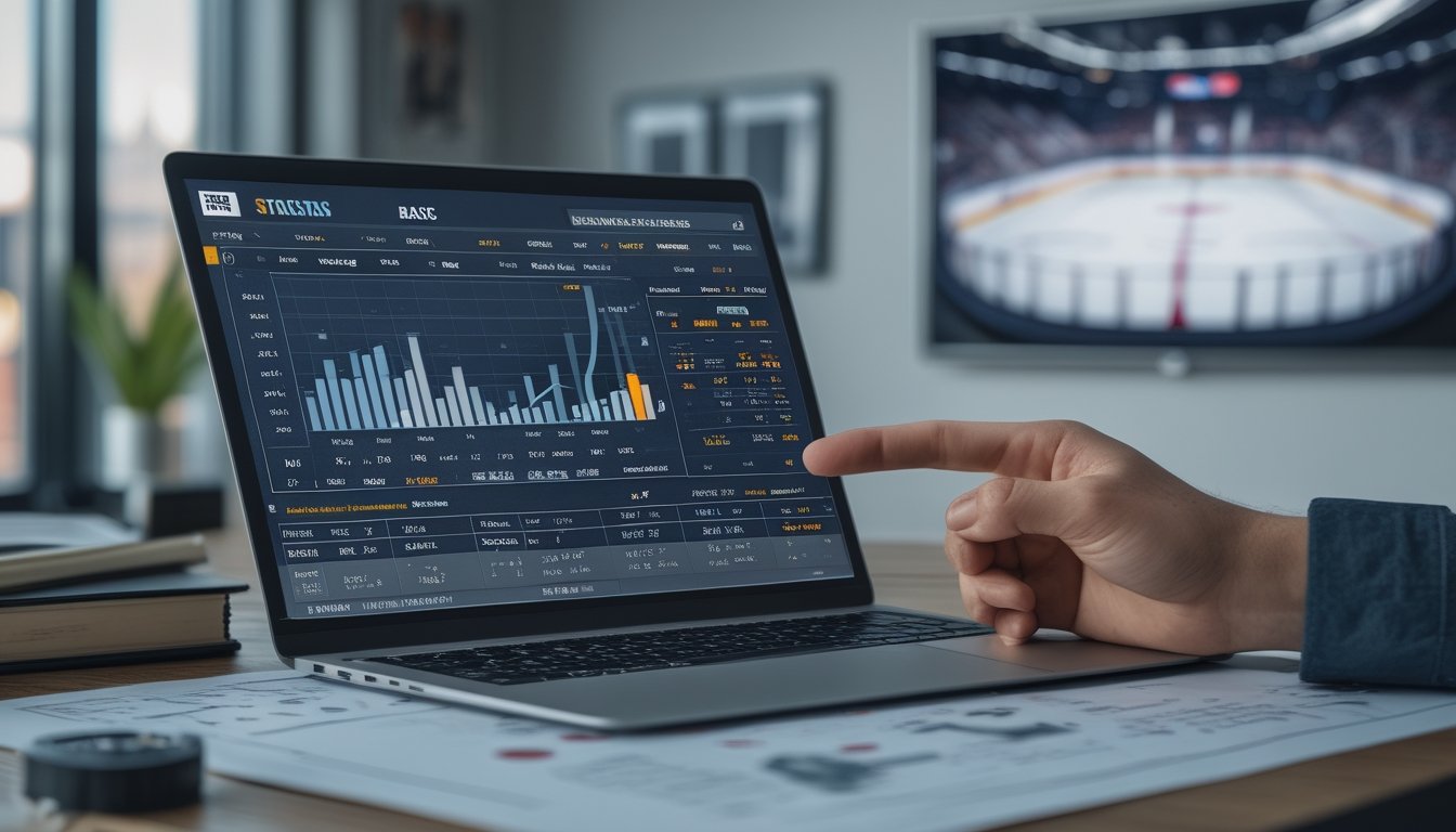 Meja kantor dengan laptop menampilkan grafik statistik NHL, tangan menunjuk layar, dan data taruhan hoki di sekitarnya.