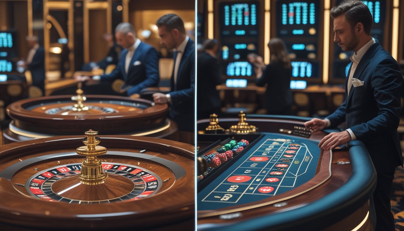 Meja roulette Eropa dan Prancis yang modern dengan pemain dan bandar di kasino yang terang dan elegan.