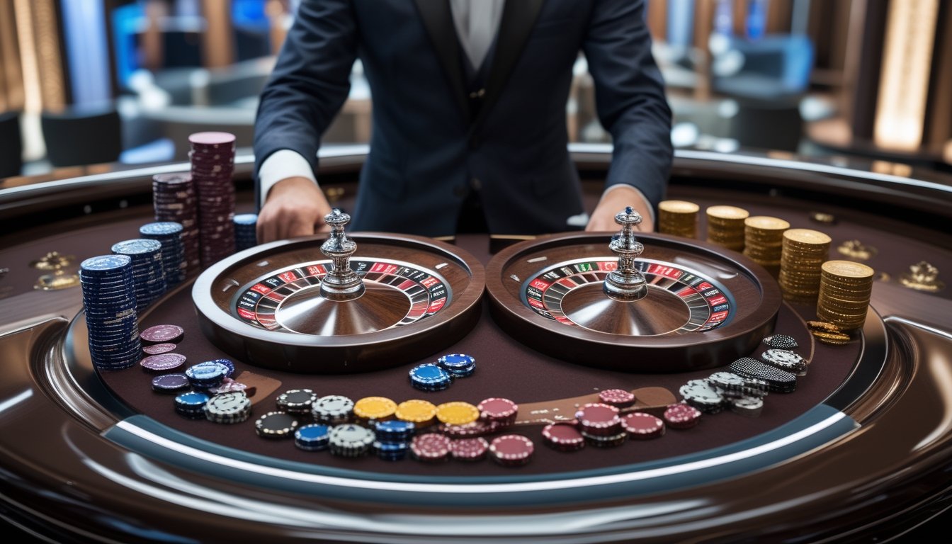 Dua roda roulette berdampingan di meja kasino dengan tumpukan chip dan tangan dealer siap memutar roda.