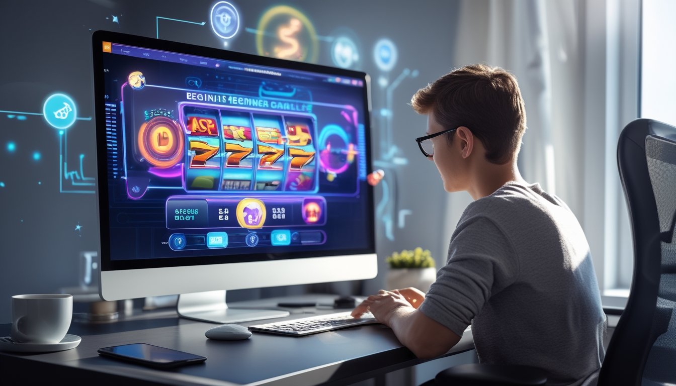 Seorang pemula bermain permainan slot online di ruang kerja modern dengan komputer dan perangkat teknologi di tahun 2026.