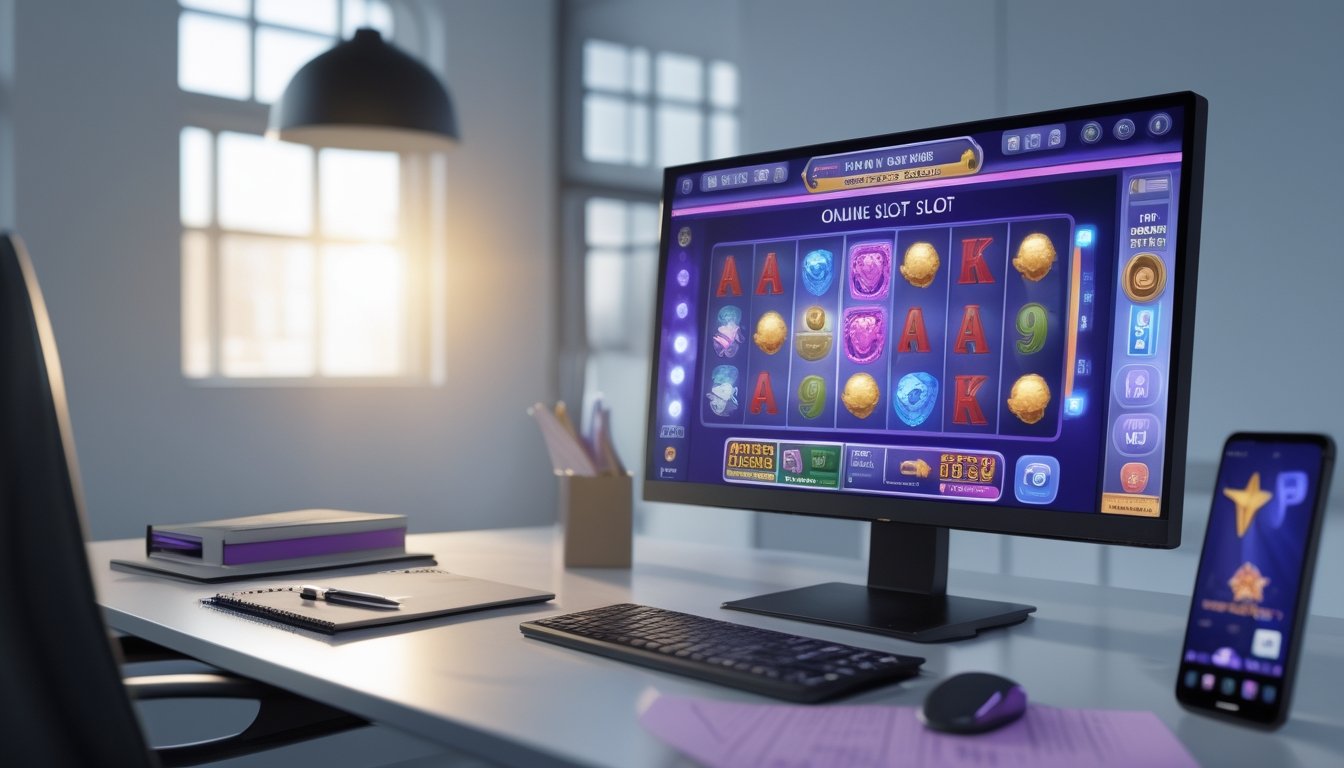 Meja kerja modern dengan komputer yang menampilkan permainan slot online dan alat tulis di sekitarnya.
