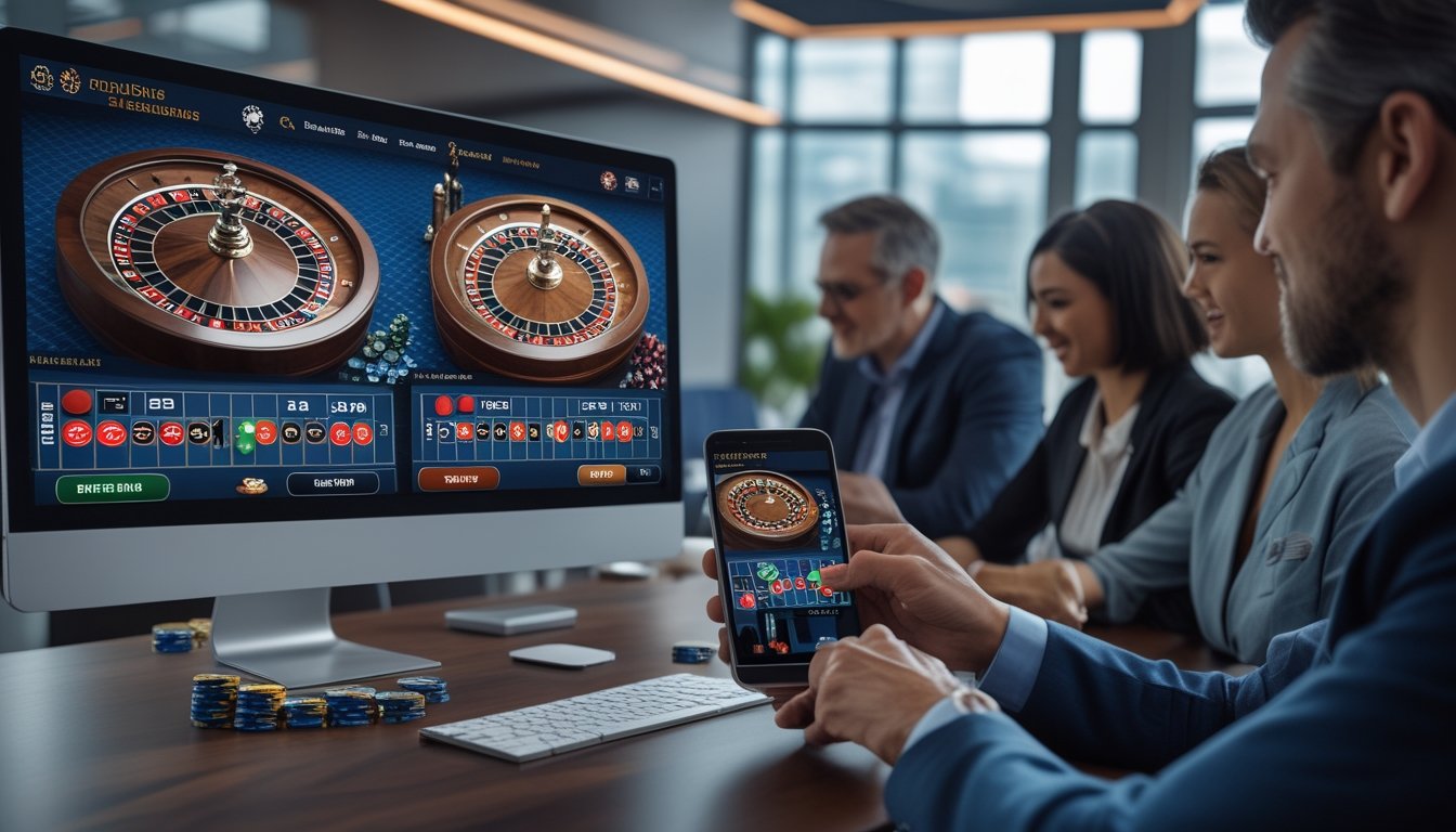 Orang-orang menggunakan perangkat dengan tampilan permainan roulette Eropa dan Prancis di lingkungan modern.