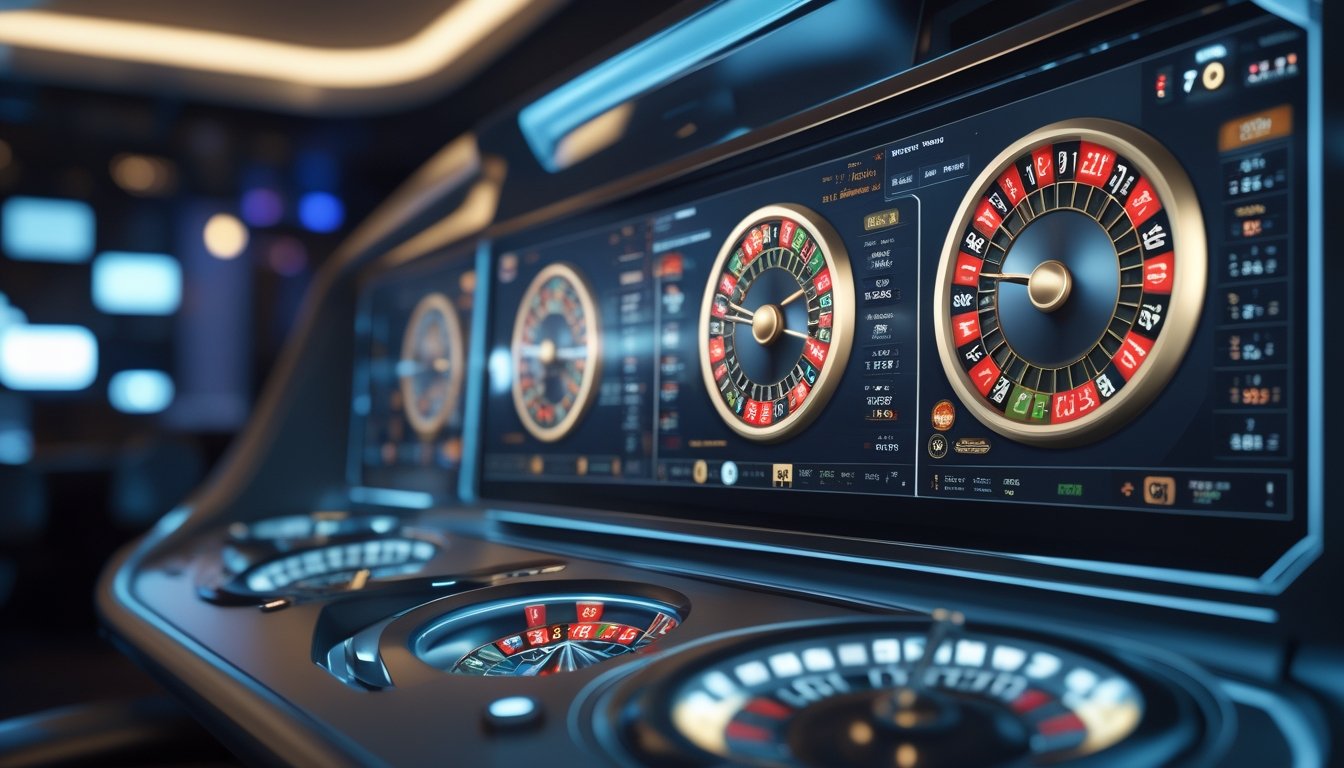 Tampilan layar digital modern dengan roda roulette Eropa dan Prancis yang berputar, menunjukkan antarmuka platform judi online yang canggih.
