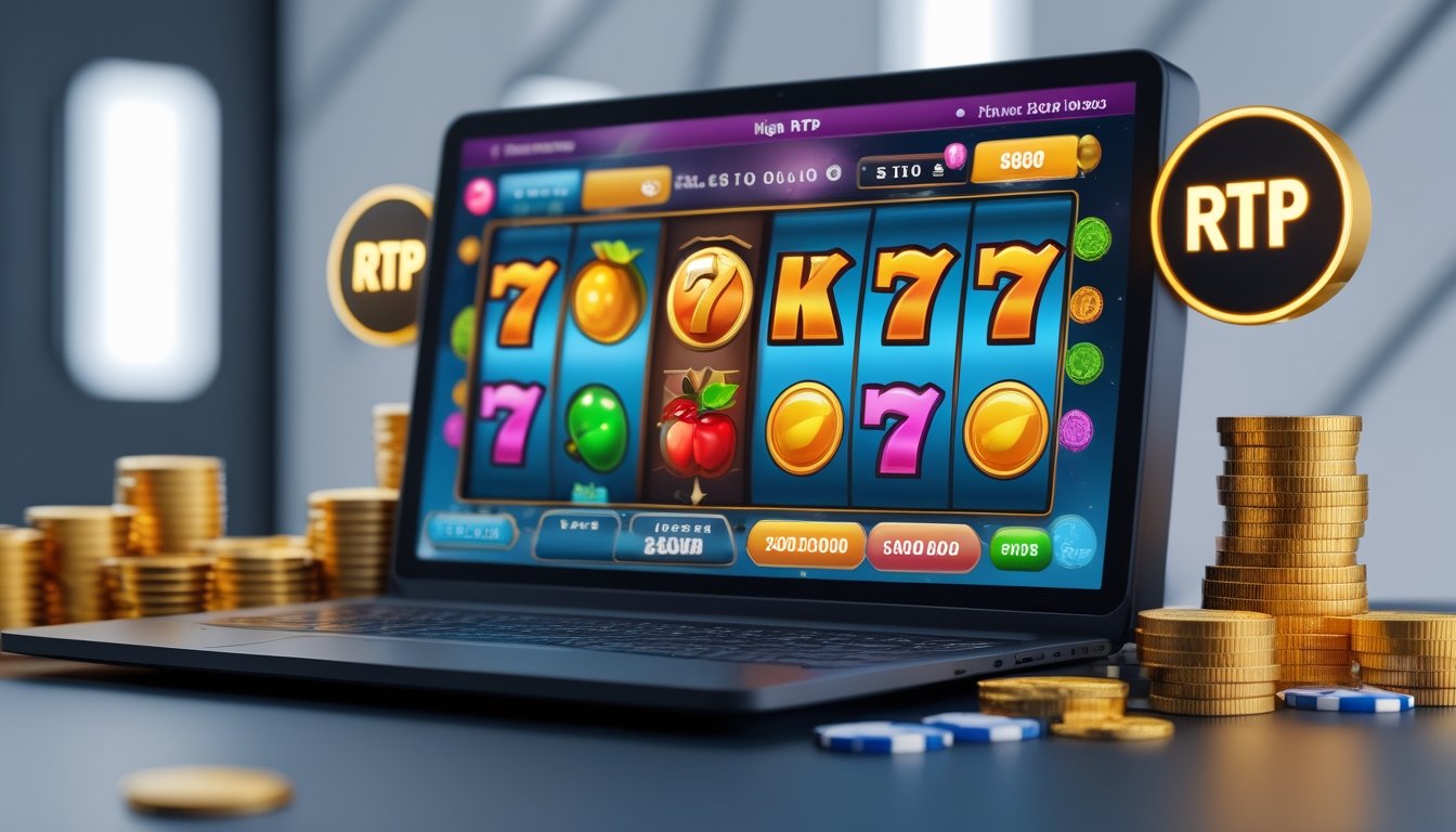 Layar komputer menampilkan permainan mesin slot online dengan simbol warna-warni, dikelilingi oleh tumpukan koin emas dan chip poker.