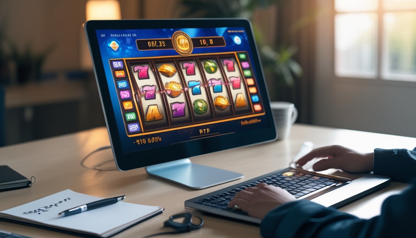 Seorang pengguna komputer dengan layar menampilkan permainan slot online berwarna-warni dan angka RTP tinggi, di atas meja terdapat buku catatan dan cangkir kopi.