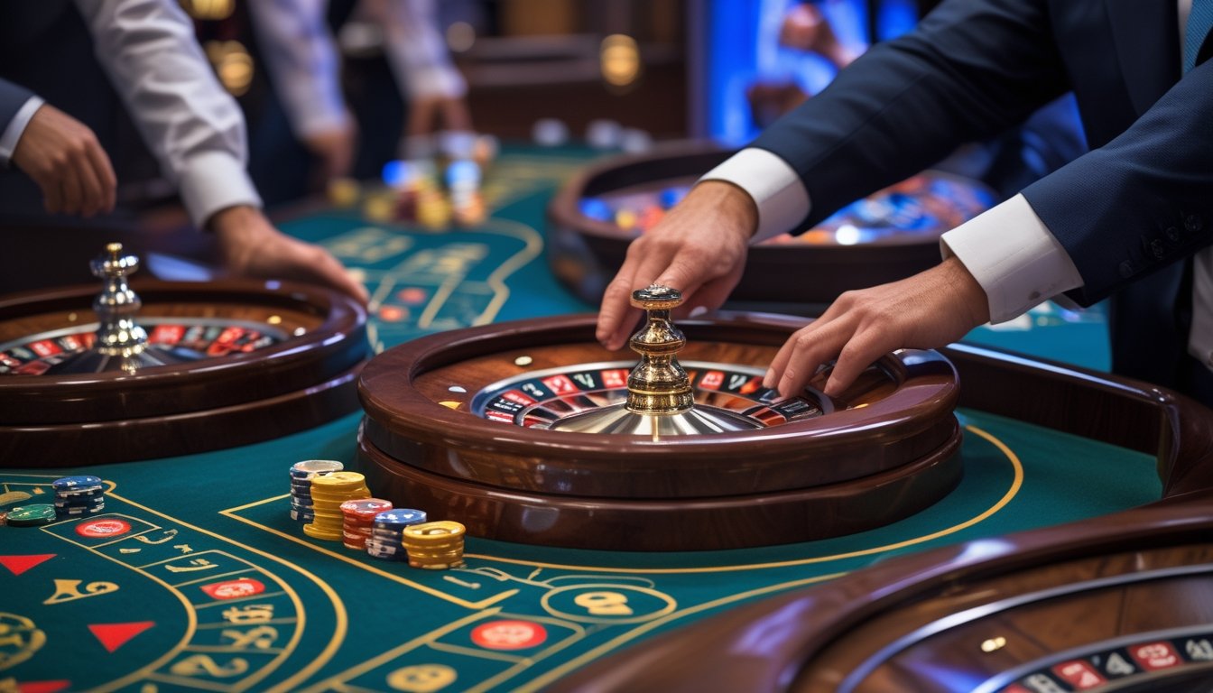 Meja roulette Eropa dan Perancis dengan roda roulette dan chip taruhan di kasino yang mewah.