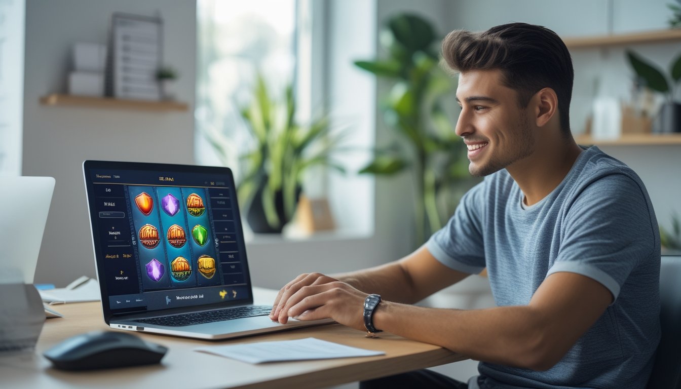 Seorang pria muda duduk di meja dengan laptop yang menampilkan permainan slot online, di ruangan yang terang dan nyaman.