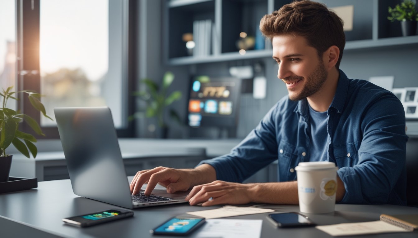 Seorang pria muda duduk di meja dengan laptop, memilih situs slot online yang aman dan terpercaya.