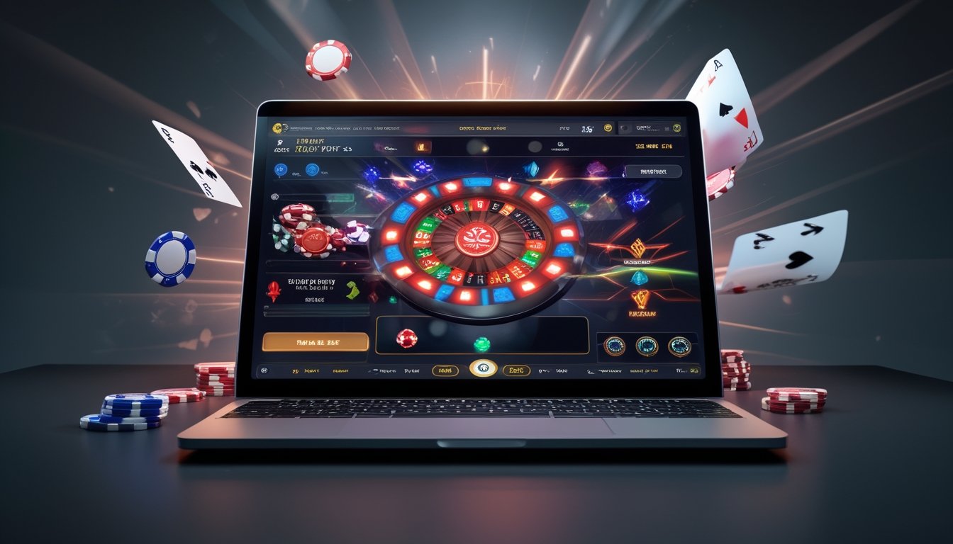 Seorang pemain poker online sedang bermain di depan laptop dengan tampilan permainan poker cepat dan chip poker yang berputar.