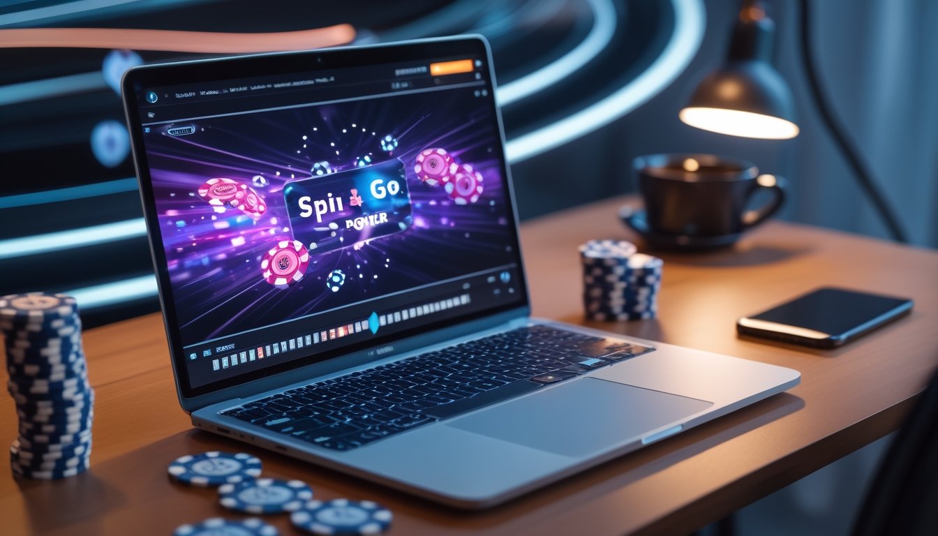 Seorang pemain poker online sedang bermain di depan komputer dengan chip poker dan kartu di layar, menunjukkan suasana permainan cepat dan hadiah besar.