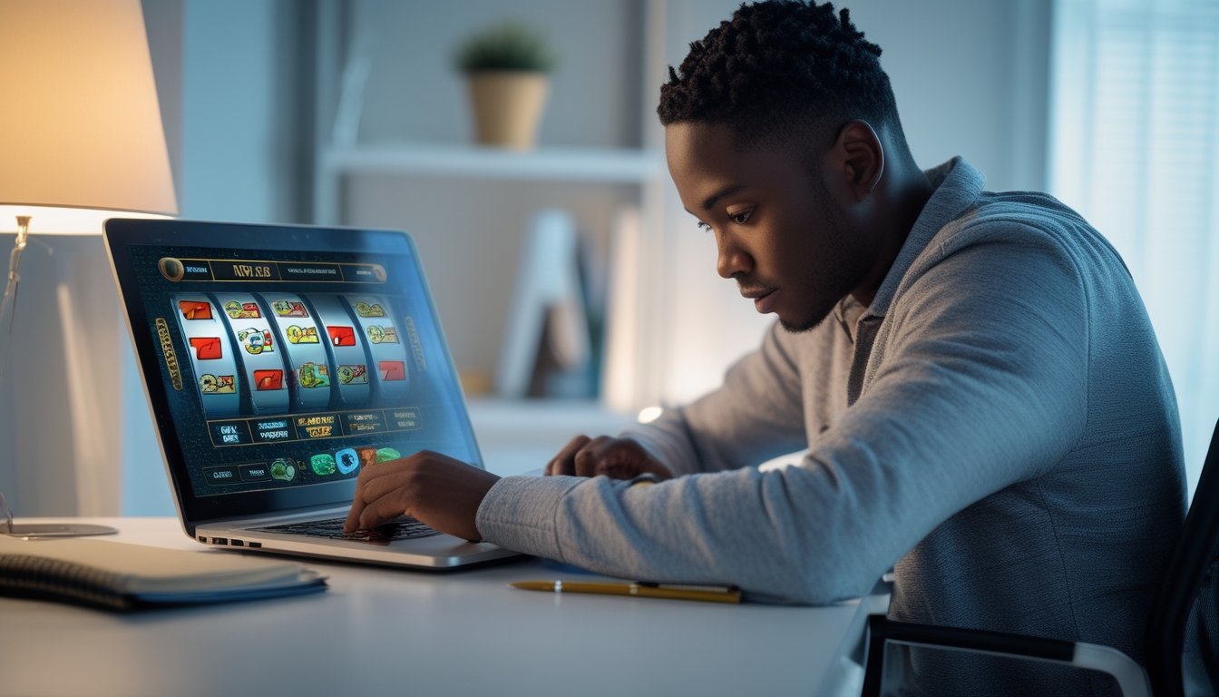 Seseorang duduk di meja modern menggunakan laptop untuk bermain slot online dengan suasana tenang dan fokus.
