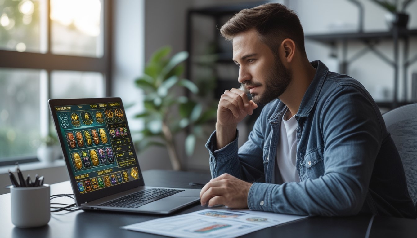 Seorang orang dewasa duduk di meja dengan laptop, sedang fokus bermain slot online dengan catatan strategi di sampingnya.