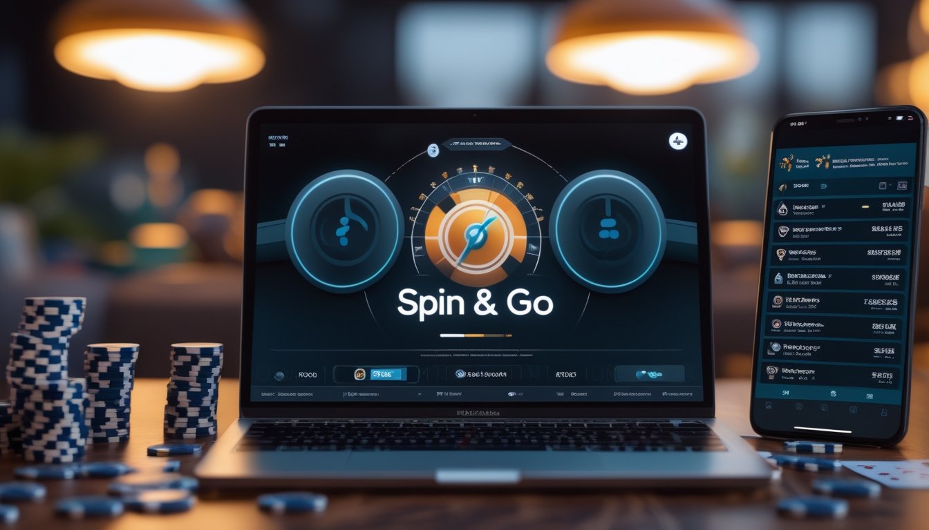 Seorang pemain poker online sedang bermain di depan laptop dengan chip poker dan kartu di sekitar meja.
