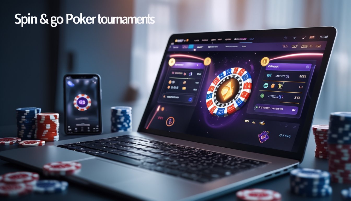 Seorang pemain poker online dengan laptop yang menampilkan permainan poker Spin & Go, dikelilingi oleh chip poker dan kartu bermain.