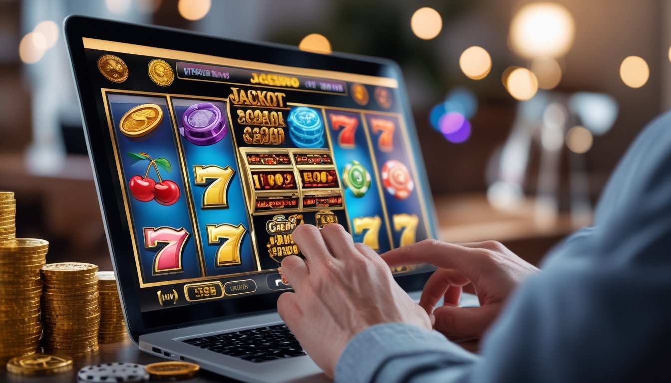 Seseorang menggunakan komputer dengan layar menampilkan permainan slot online berwarna-warni dan tumpukan chip kasino serta koin emas di sekitarnya.