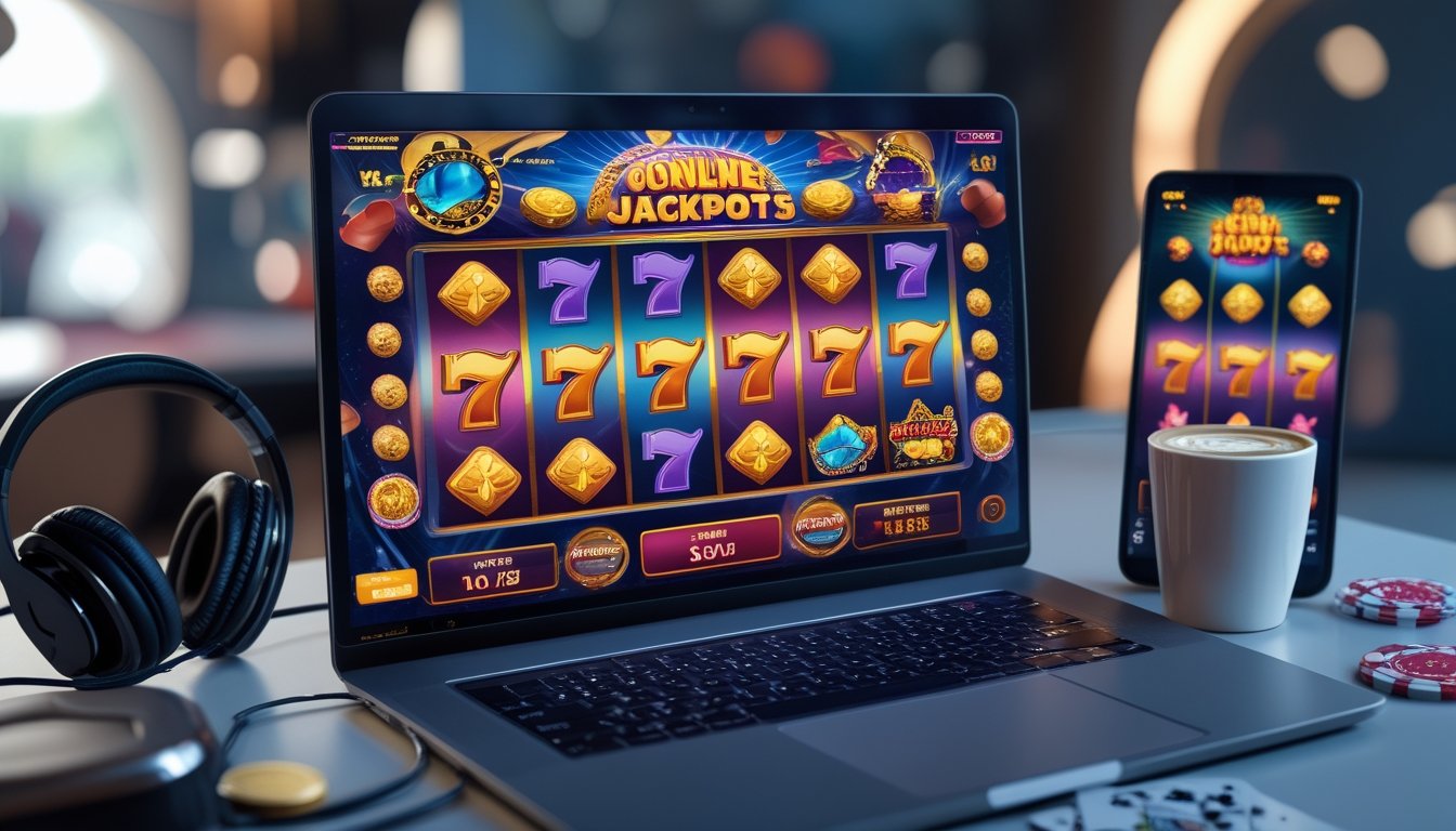 Sebuah meja dengan komputer yang menampilkan permainan slot online berwarna cerah dengan simbol jackpot, dikelilingi oleh aksesori gaming dan latar belakang dengan elemen kasino.