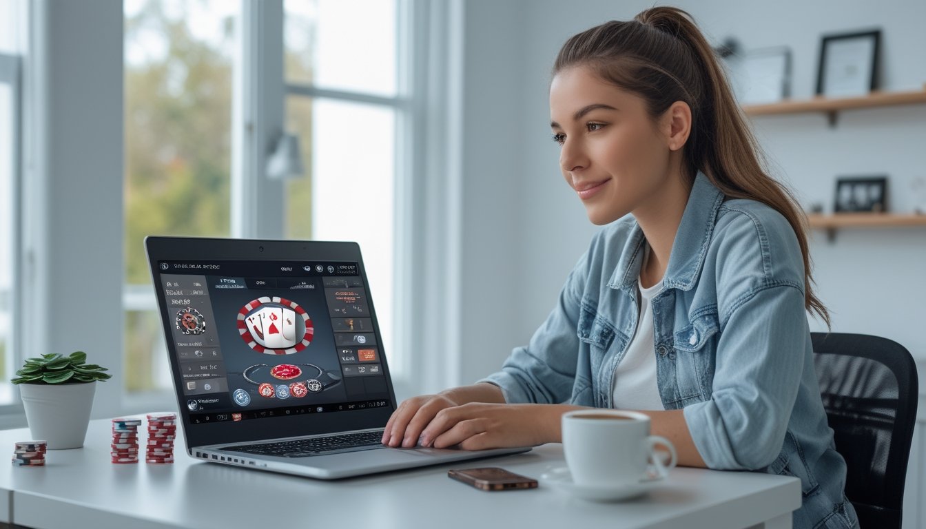 Seorang wanita muda duduk di meja modern bermain poker online di laptop dengan chip poker di meja dan suasana ruangan yang terang dan rapi.