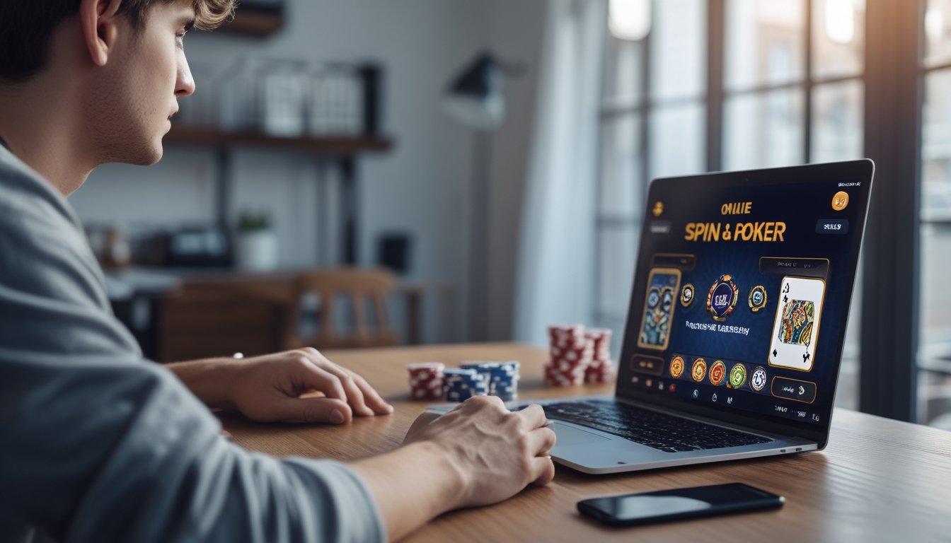 Seseorang sedang bermain poker online di laptop di ruang kerja rumah yang rapi dan terang.