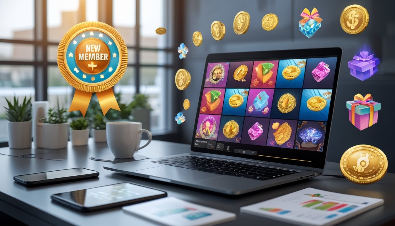Meja kerja dengan laptop yang menampilkan permainan slot online, dilengkapi ikon bonus seperti koin dan kotak hadiah, serta ponsel dan secangkir kopi.