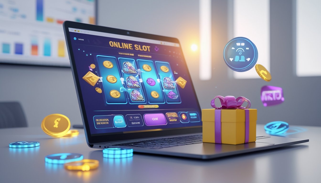 Seorang profesional menggunakan laptop dengan tampilan permainan slot online berwarna cerah, dikelilingi oleh koin digital dan simbol bonus, di ruang kerja modern.