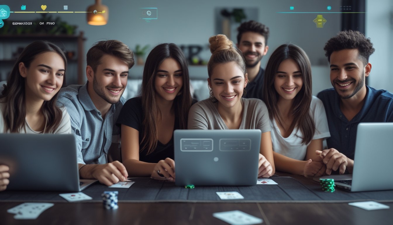 Sekelompok orang muda bermain poker online secara interaktif di ruang tamu modern dengan suasana santai dan fokus pada layar perangkat mereka.