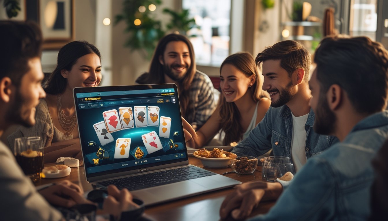 Sekelompok orang muda bermain poker online bersama di ruang tamu dengan laptop yang menampilkan permainan poker interaktif.