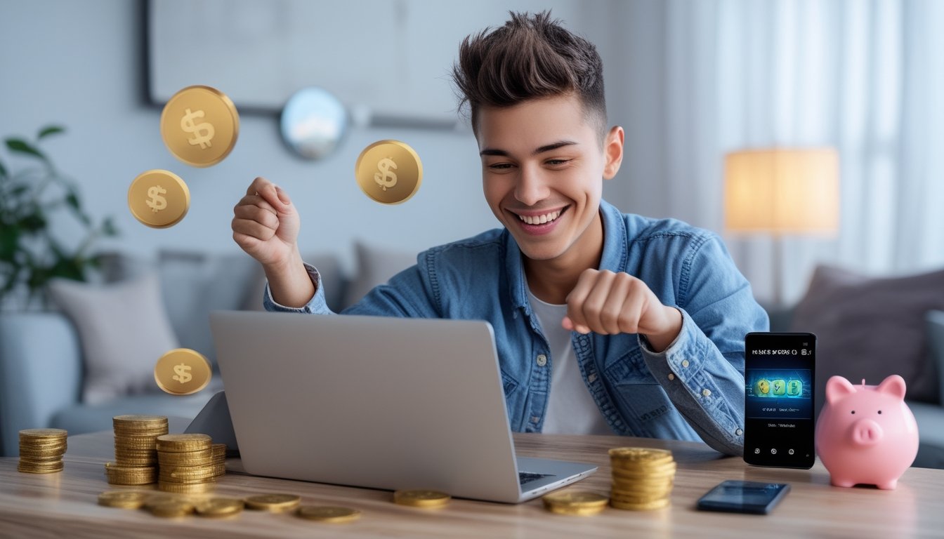 Seorang pemula muda sedang menggunakan laptop di rumah dengan ekspresi senang saat melakukan deposit online kecil untuk permainan slot.