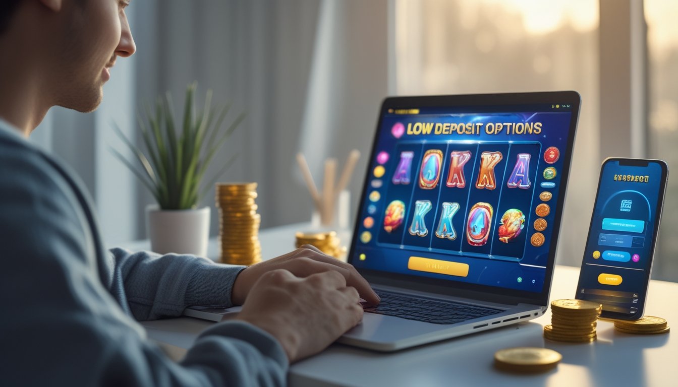 Seorang dewasa muda duduk di meja dengan laptop yang menampilkan permainan slot online, dikelilingi oleh koin dan ponsel dengan antarmuka pembayaran sederhana.