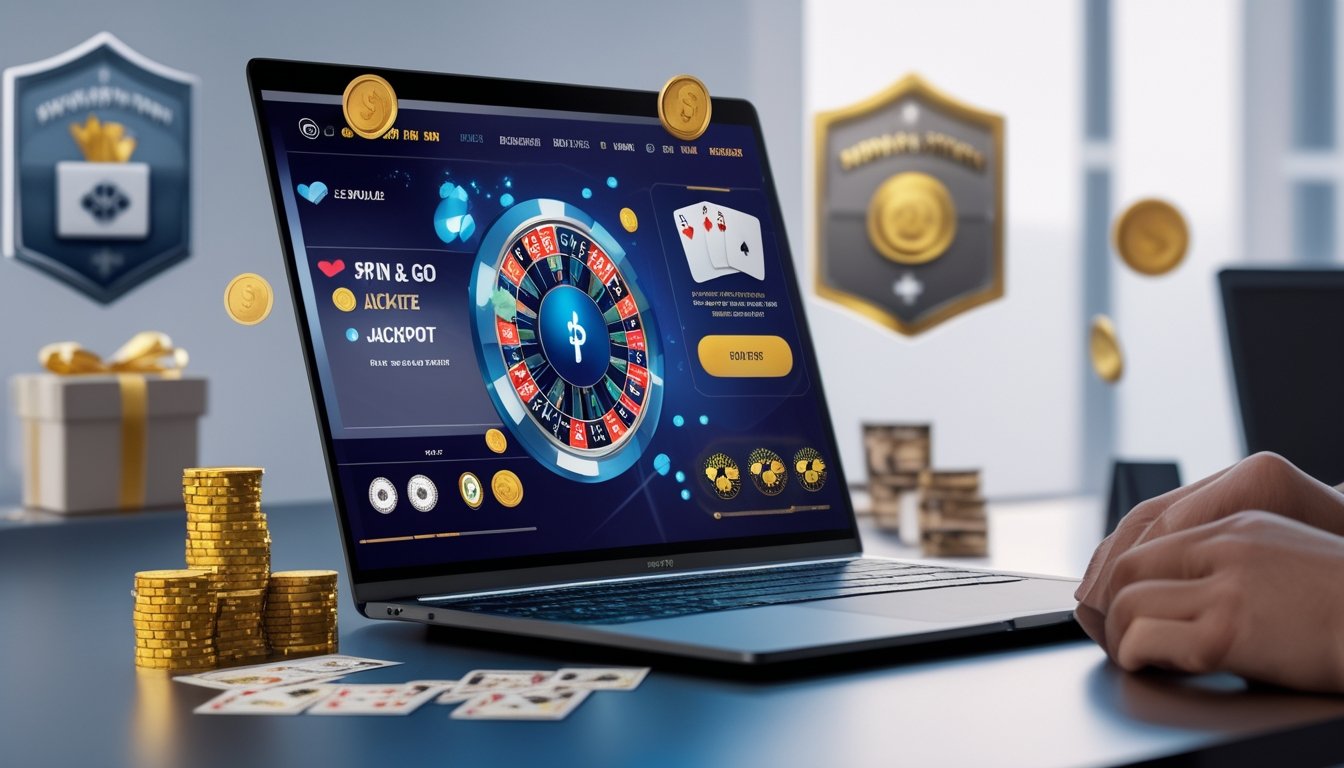 Sebuah meja dengan laptop yang menampilkan permainan poker online, dikelilingi oleh chip poker, kartu, dan ikon keamanan seperti perisai.