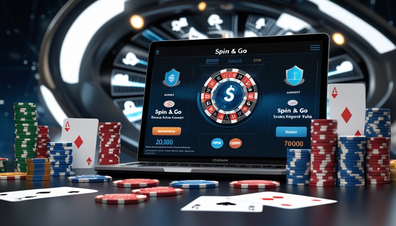 Tampilan antarmuka permainan poker online dengan kartu, chip poker, dan roda putar yang melambangkan bonus Spin & Go, serta ikon keamanan di latar belakang.
