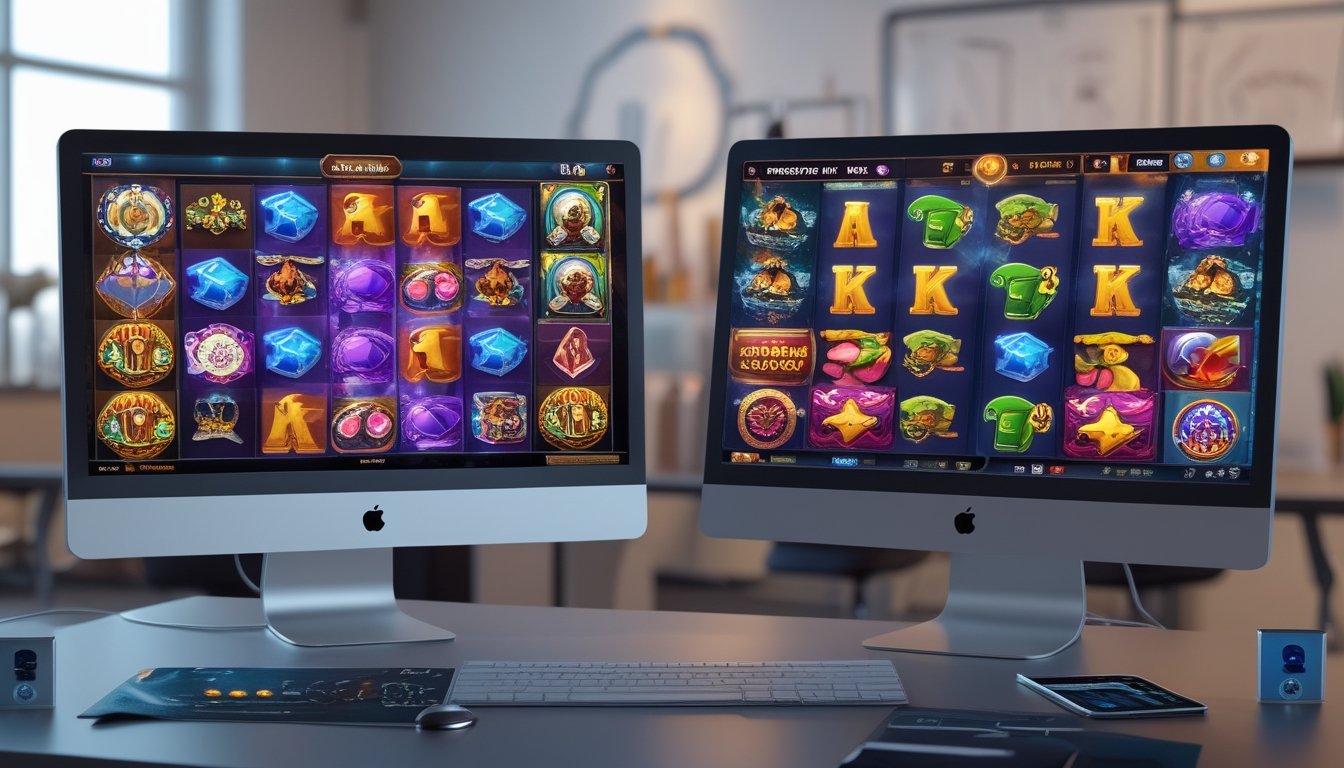 Dua layar komputer berdampingan menampilkan permainan slot online yang berbeda di sebuah meja kantor modern.