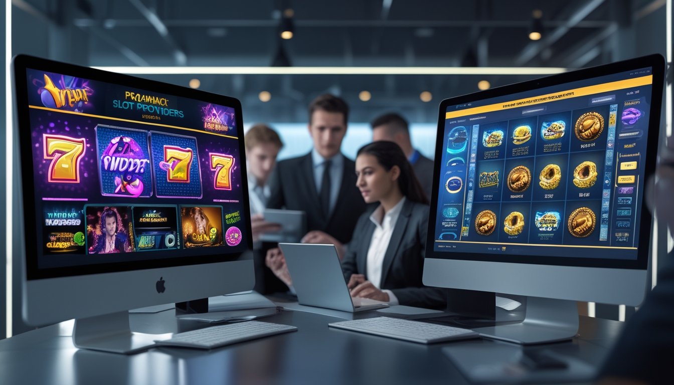 Dua layar komputer menampilkan permainan slot online dengan orang-orang yang sedang menganalisis data di kantor modern.