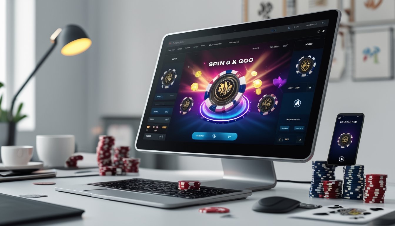 Seorang pria fokus bermain poker online di depan laptop dengan chip poker dan kartu di meja.