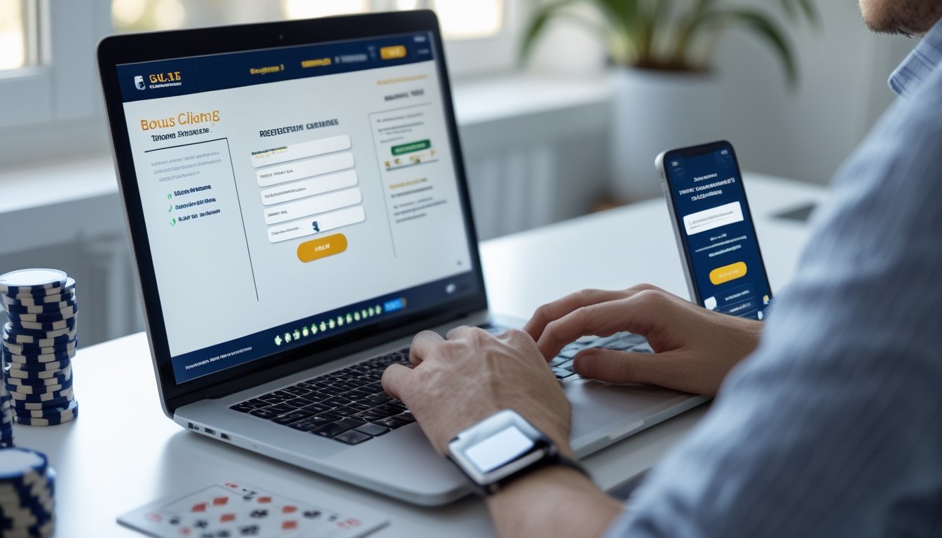 Seseorang yang menggunakan laptop dan ponsel di meja dengan chip poker dan kartu, sedang mendaftar akun slot online dan mengklaim bonus.