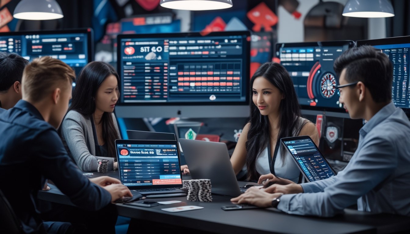 Beberapa orang fokus bermain poker online di ruangan dengan komputer dan perangkat digital, dikelilingi oleh chip poker dan kartu.