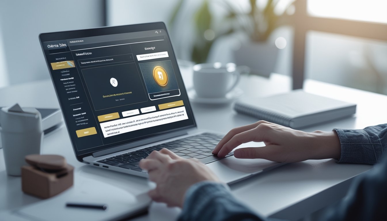 Meja kerja modern dengan laptop dan ponsel yang menampilkan permainan slot online, tangan seseorang sedang berinteraksi dengan perangkat tersebut.