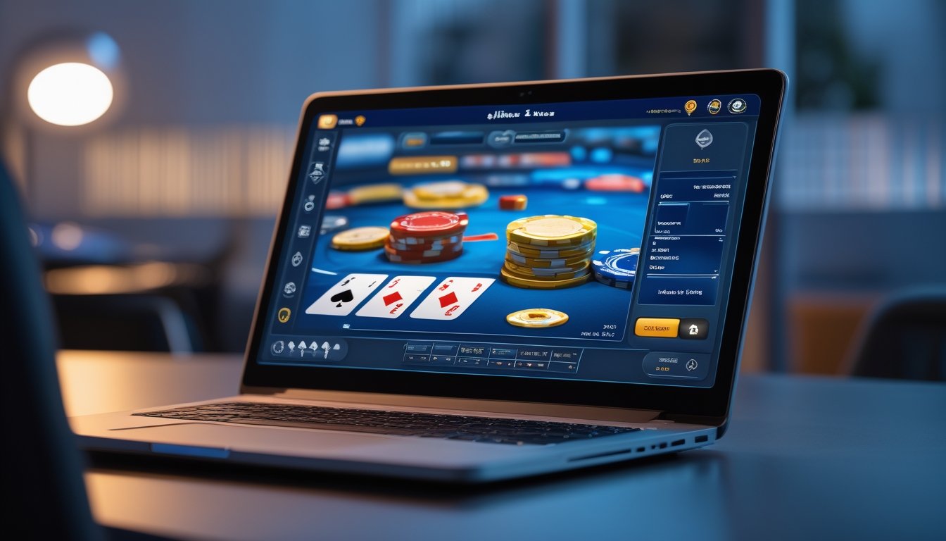 Layar laptop menampilkan permainan poker online dengan kartu dan chip poker di atas meja modern.
