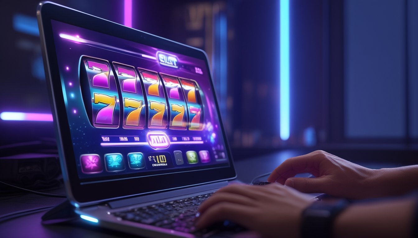 Seorang pemain dewasa sedang bermain mesin slot online di malam hari dengan layar komputer yang menampilkan gulungan mesin slot berwarna cerah.