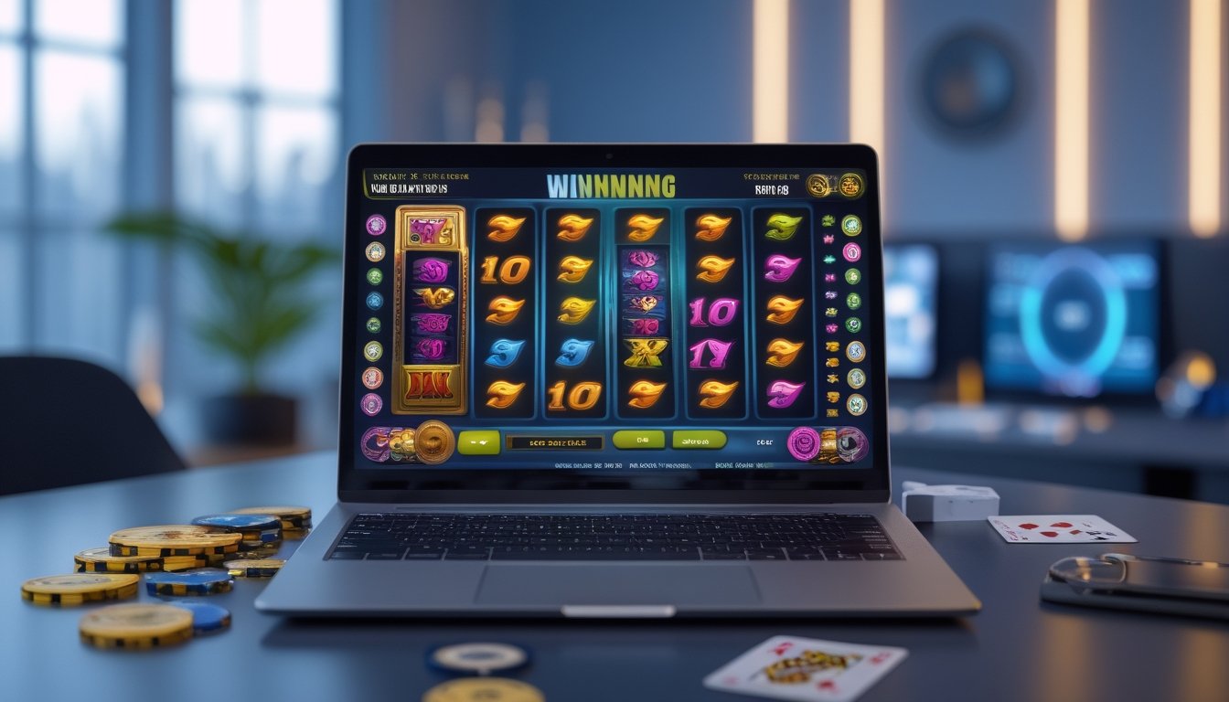 Seorang pria duduk di depan laptop dengan gambar mesin slot yang berputar di layar, di meja terdapat chip poker dan kartu remi.