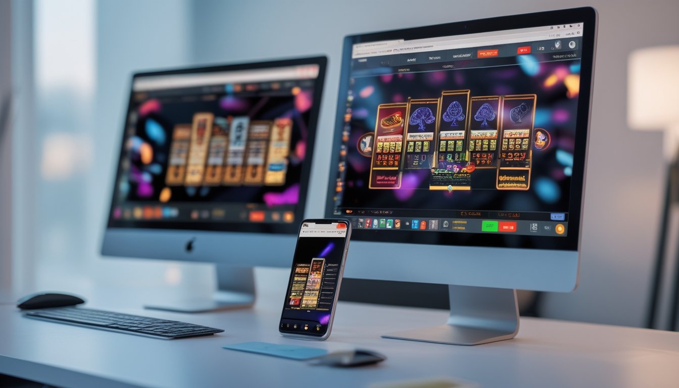 Tampilan layar komputer dan ponsel yang menampilkan permainan poker online dengan kartu dan chip di meja yang rapi.